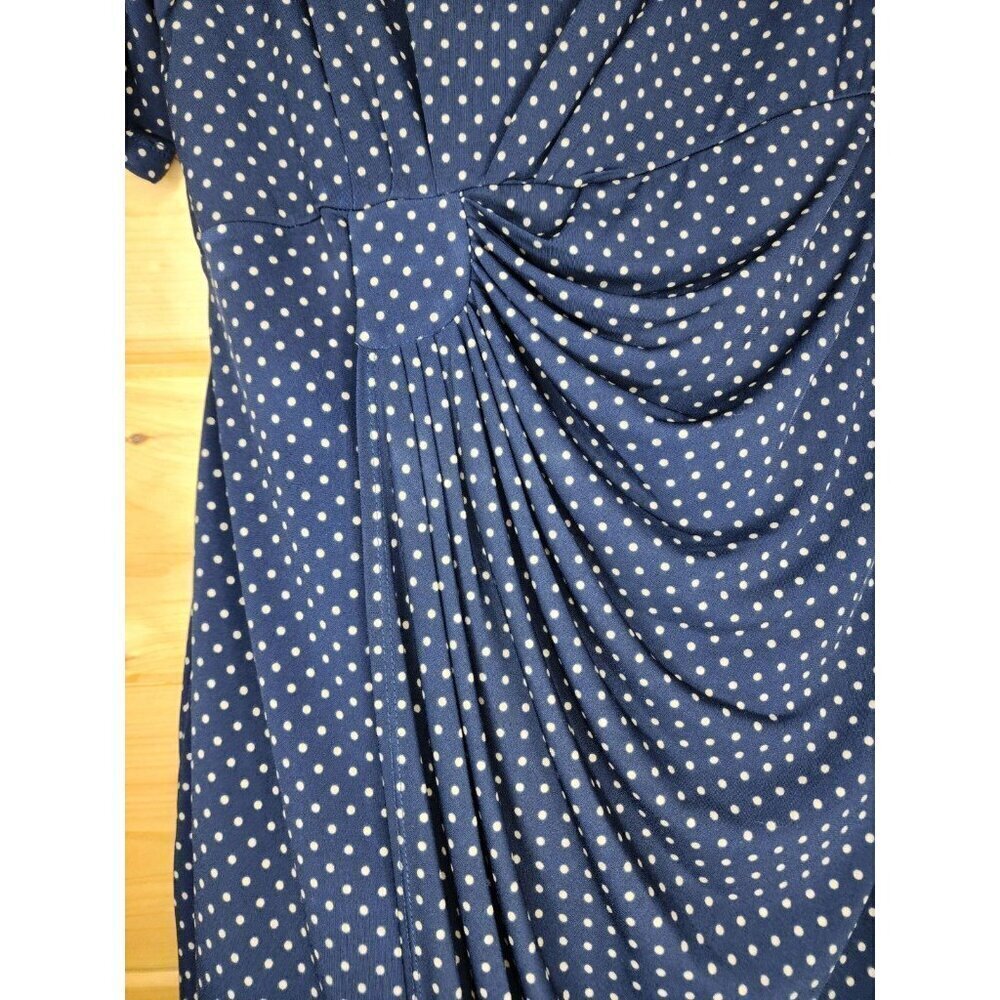 Enfocus Studio Navy Blue Gold Polka Dot Sleeveless Ruched Dress Size 14 Petite - Picture 5 of 10